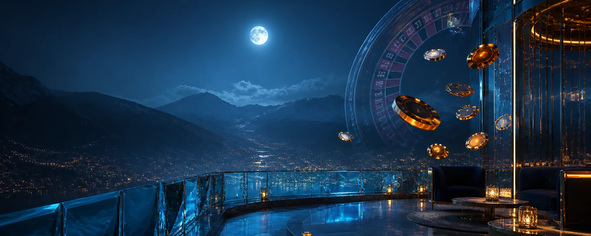 Tavolinë elegante rulete në një sallë kazinoje blu dhe të artë